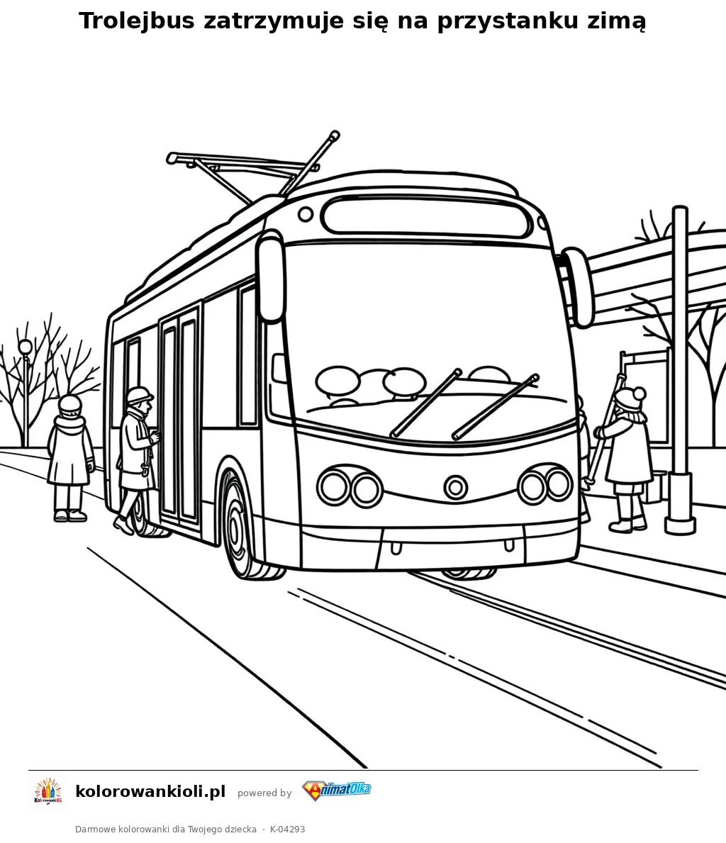 Trolejbus zatrzymuje się na przystanku zimą — kolorowanka do wydruku dla dzieci