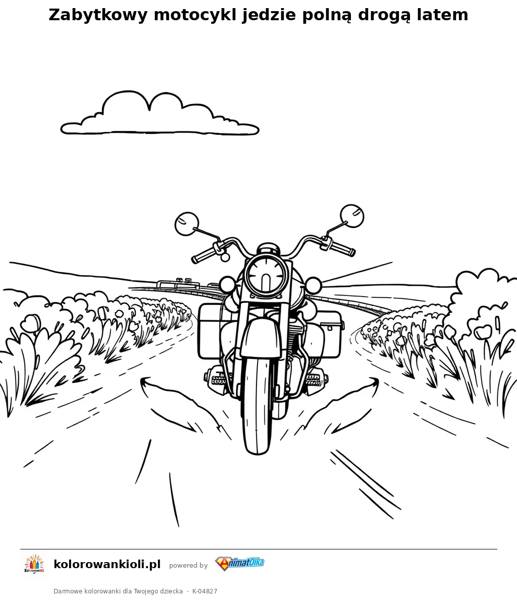 Zabytkowy motocykl jedzie polną drogą latem — kolorowanka do wydruku dla dzieci