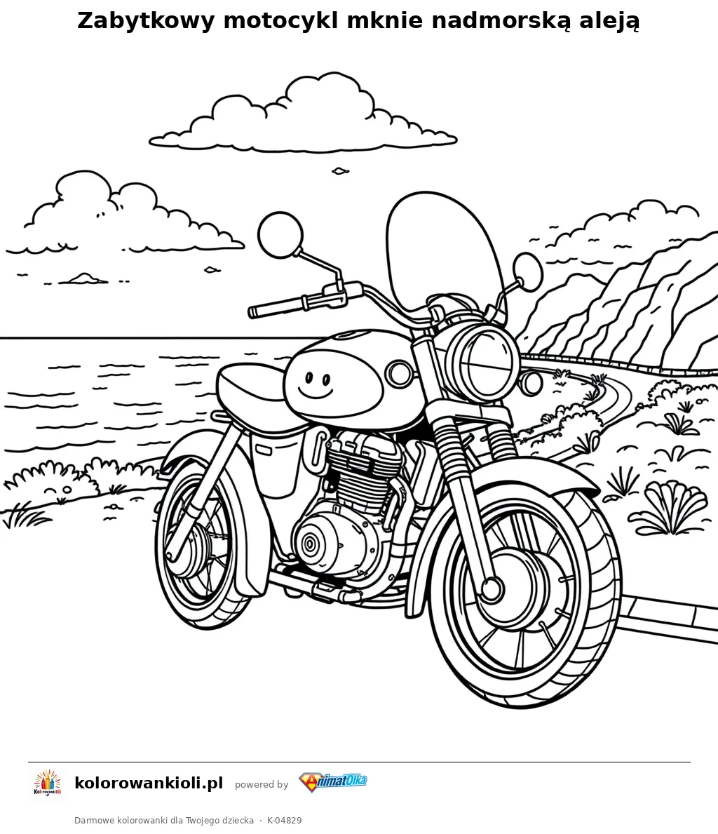 Zabytkowy motocykl mknie nadmorską aleją — kolorowanka do wydruku dla dzieci