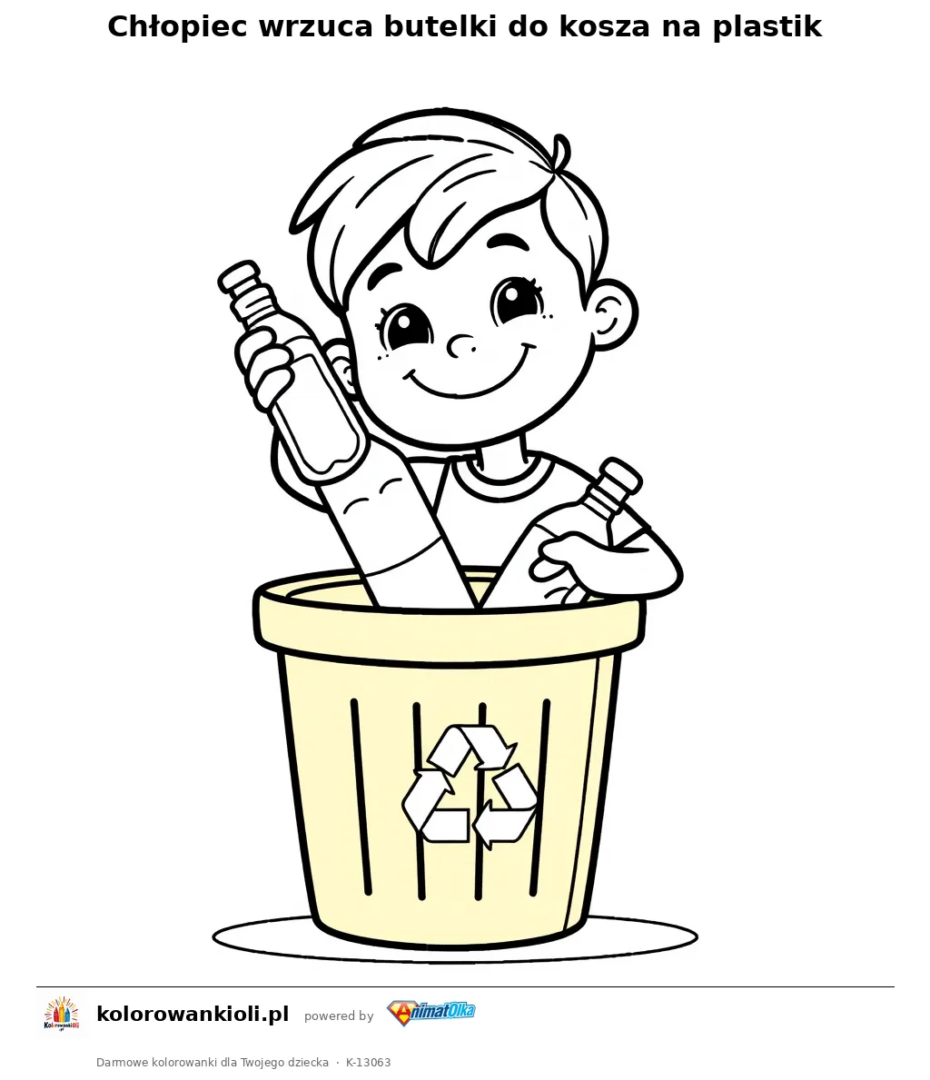 Chłopiec wrzuca butelki do kosza na plastik — kolorowanka do wydruku dla dzieci