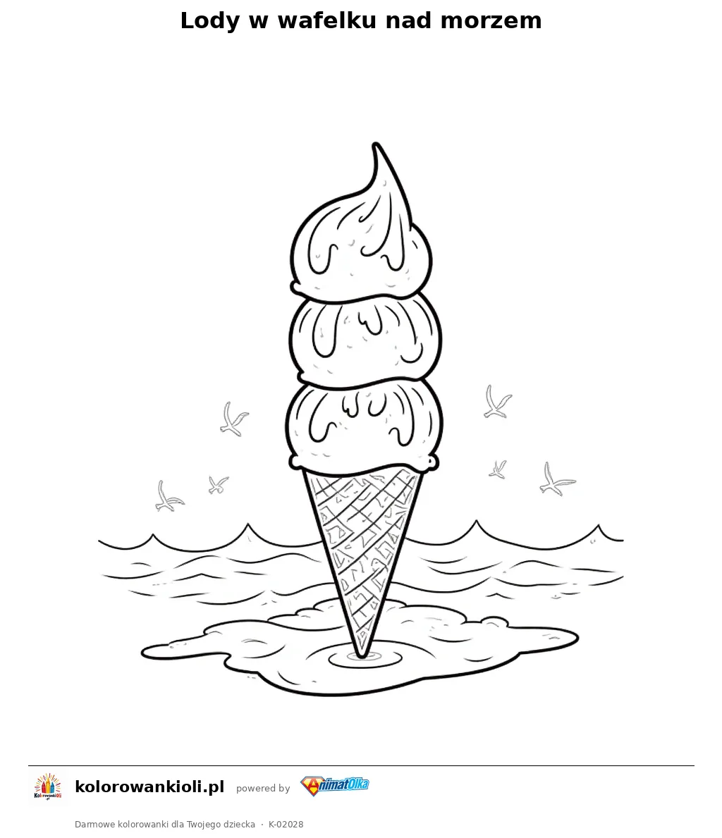 Lody w wafelku nad morzem — kolorowanka do wydruku dla dzieci