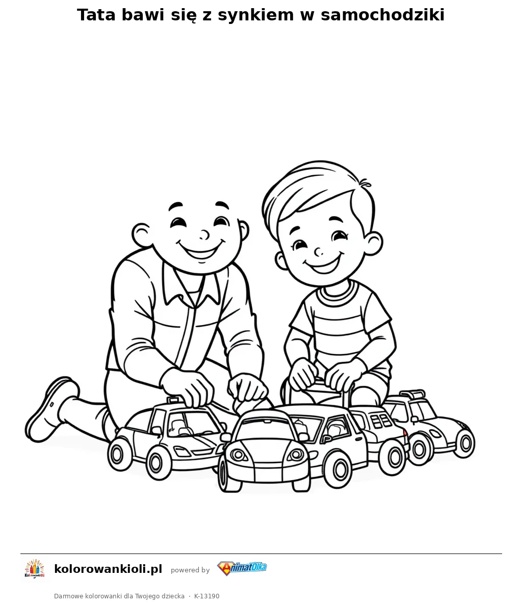 Tata bawi sie z synkiem w samochodziki — kolorowanka do wydruku dla dzieci