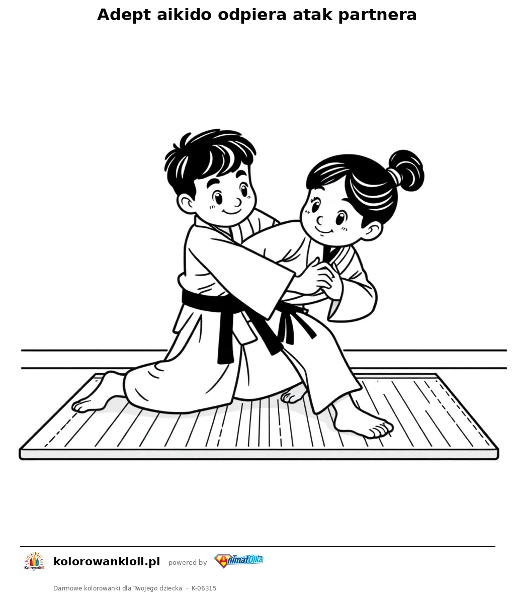 Adept aikido odpiera atak partnera — kolorowanka do wydruku dla dzieci