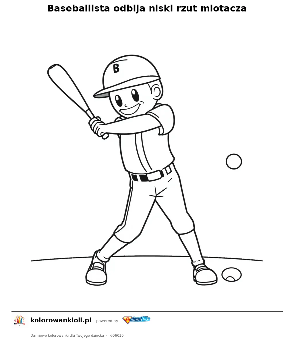 Baseballista odbija niski rzut miotacza — kolorowanka do wydruku dla dzieci