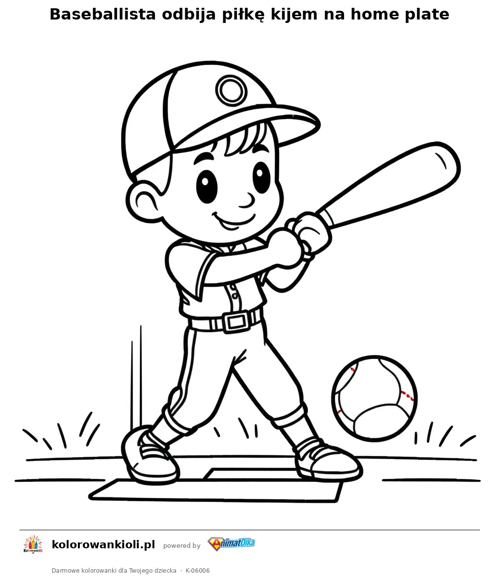 Baseballista odbija piłkę kijem na home plate — kolorowanka do wydruku dla dzieci