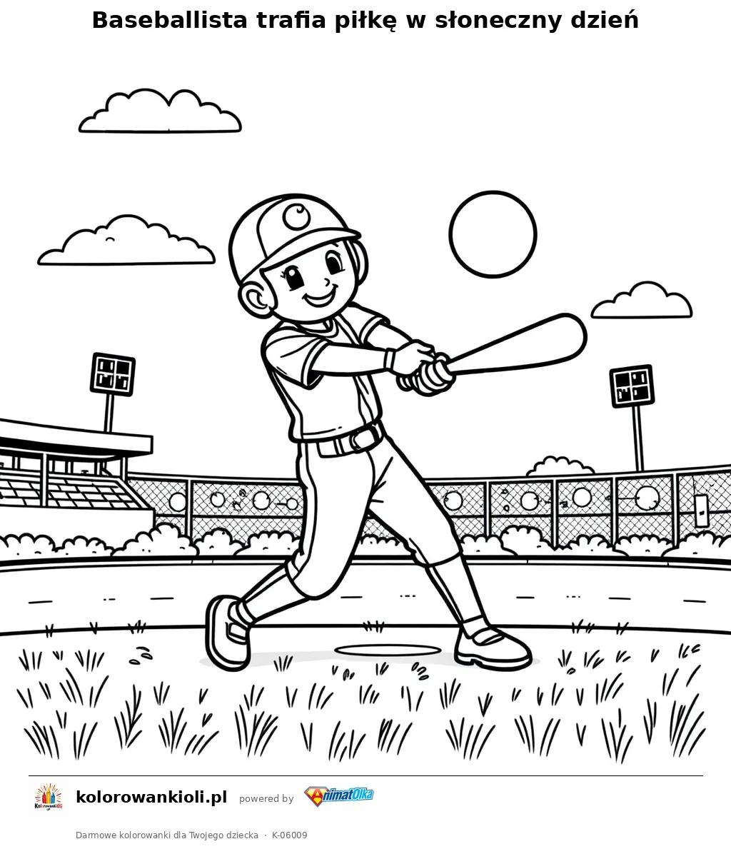 Baseballista trafia piłkę w słoneczny dzień — kolorowanka do wydruku dla dzieci