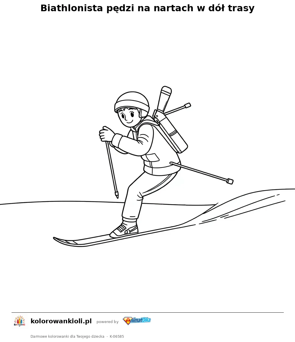 Biathlonista pędzi na nartach w dół trasy — kolorowanka do wydruku dla dzieci
