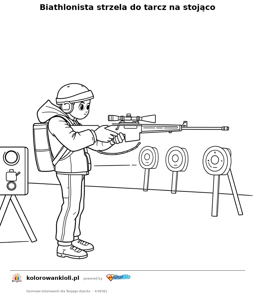 Biathlonista strzela do tarcz na stojąco — kolorowanka do wydruku dla dzieci