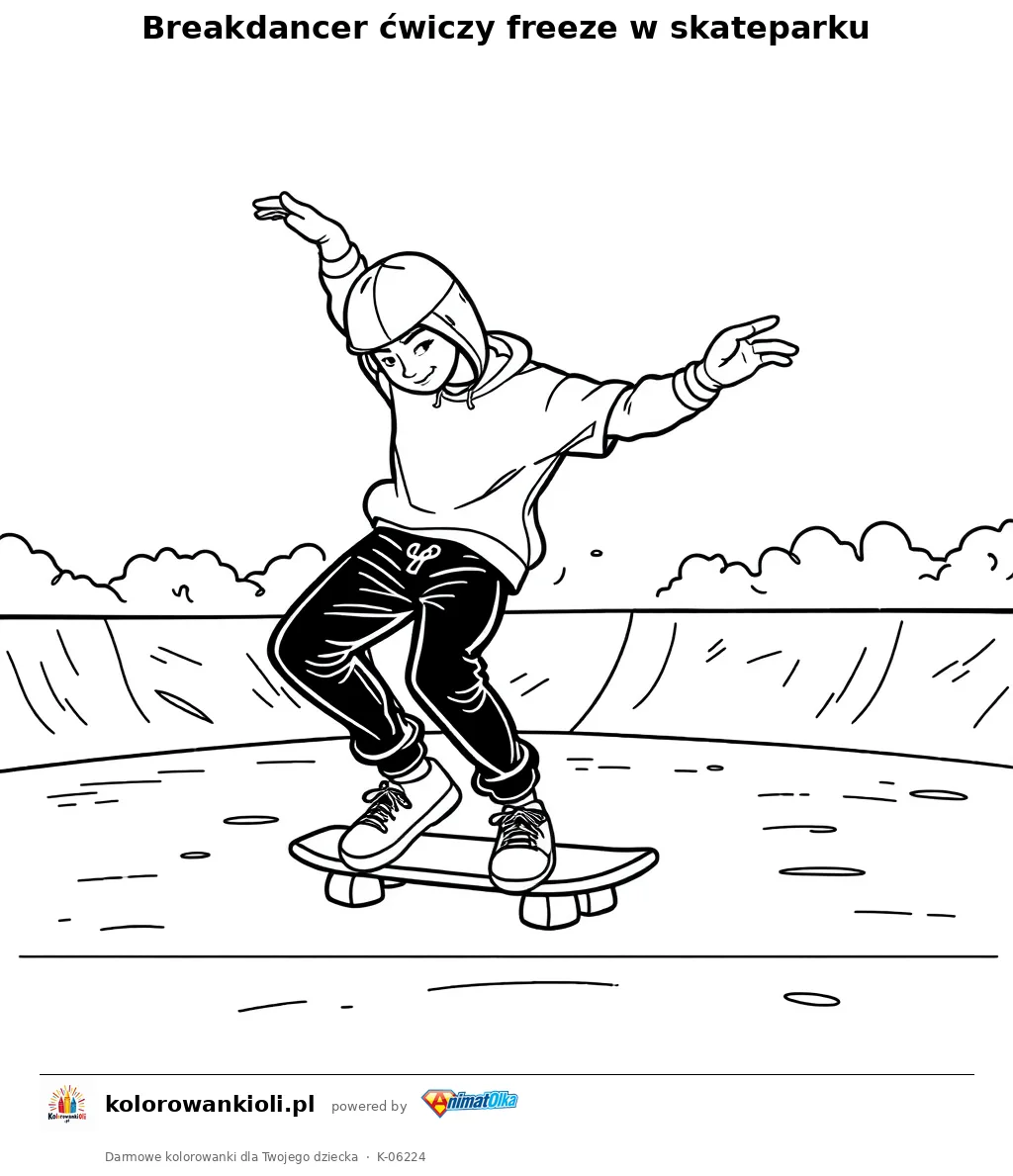 Breakdancer ćwiczy freeze w skateparku — kolorowanka do wydruku dla dzieci