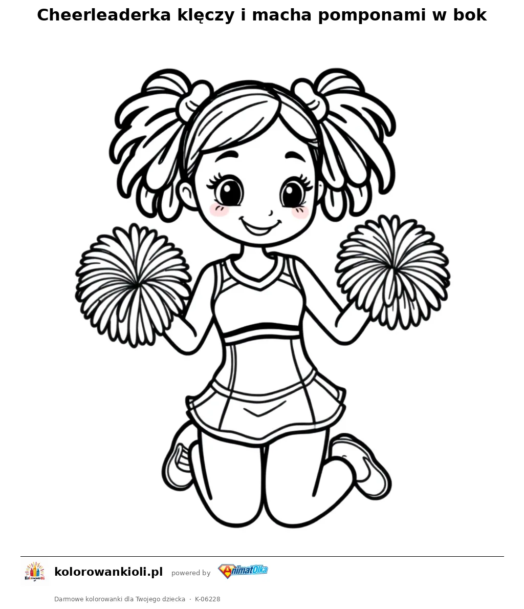 Cheerleaderka klęczy i macha pomponami w bok — kolorowanka do wydruku dla dzieci