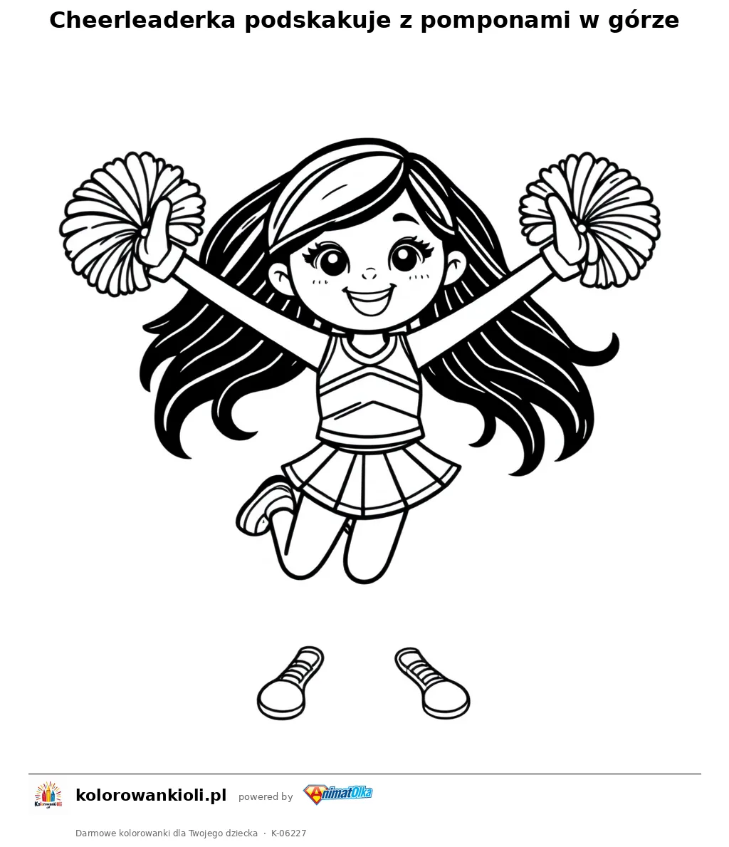 Cheerleaderka podskakuje z pomponami w górze — kolorowanka do wydruku dla dzieci