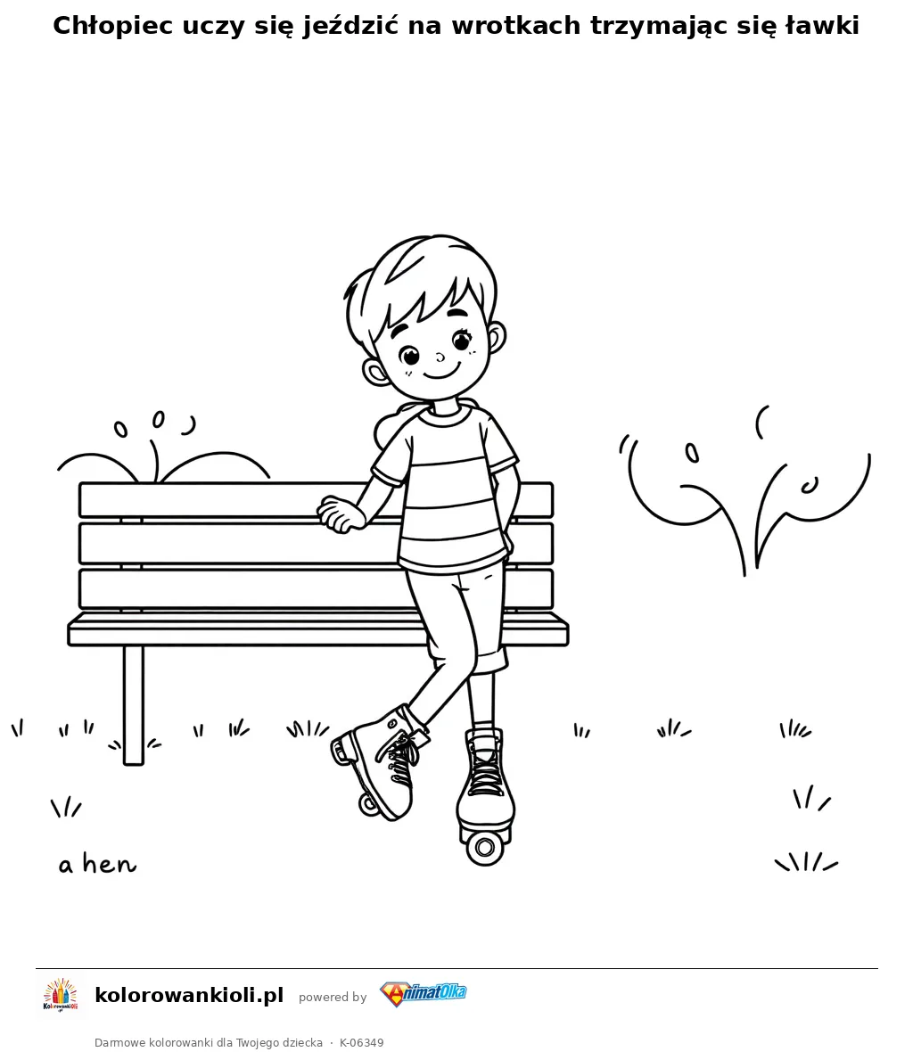 Chłopiec uczy się jeździć na wrotkach trzymając się ławki — kolorowanka do wydruku dla dzieci