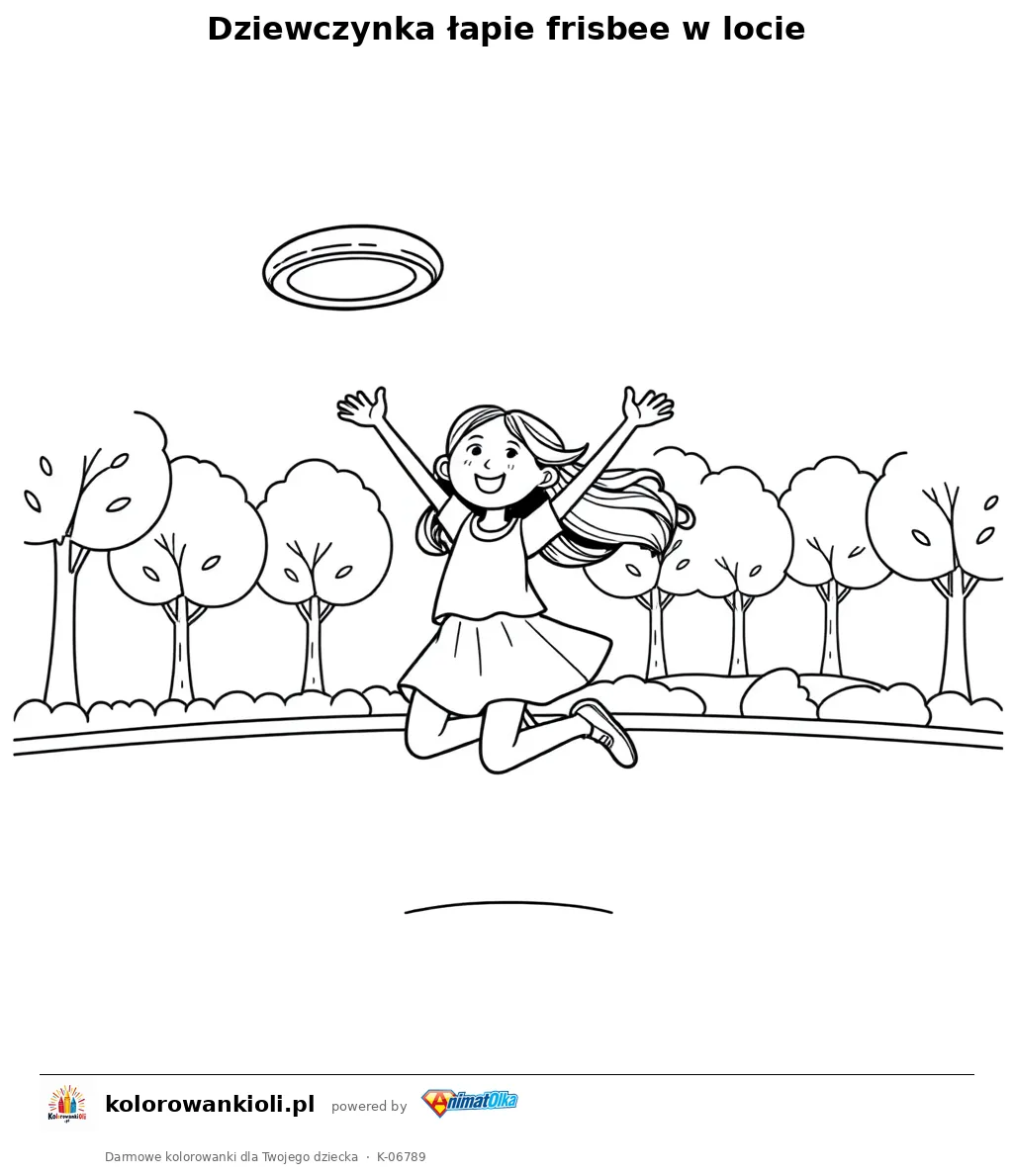 Dziewczynka łapie frisbee w locie — kolorowanka do wydruku dla dzieci