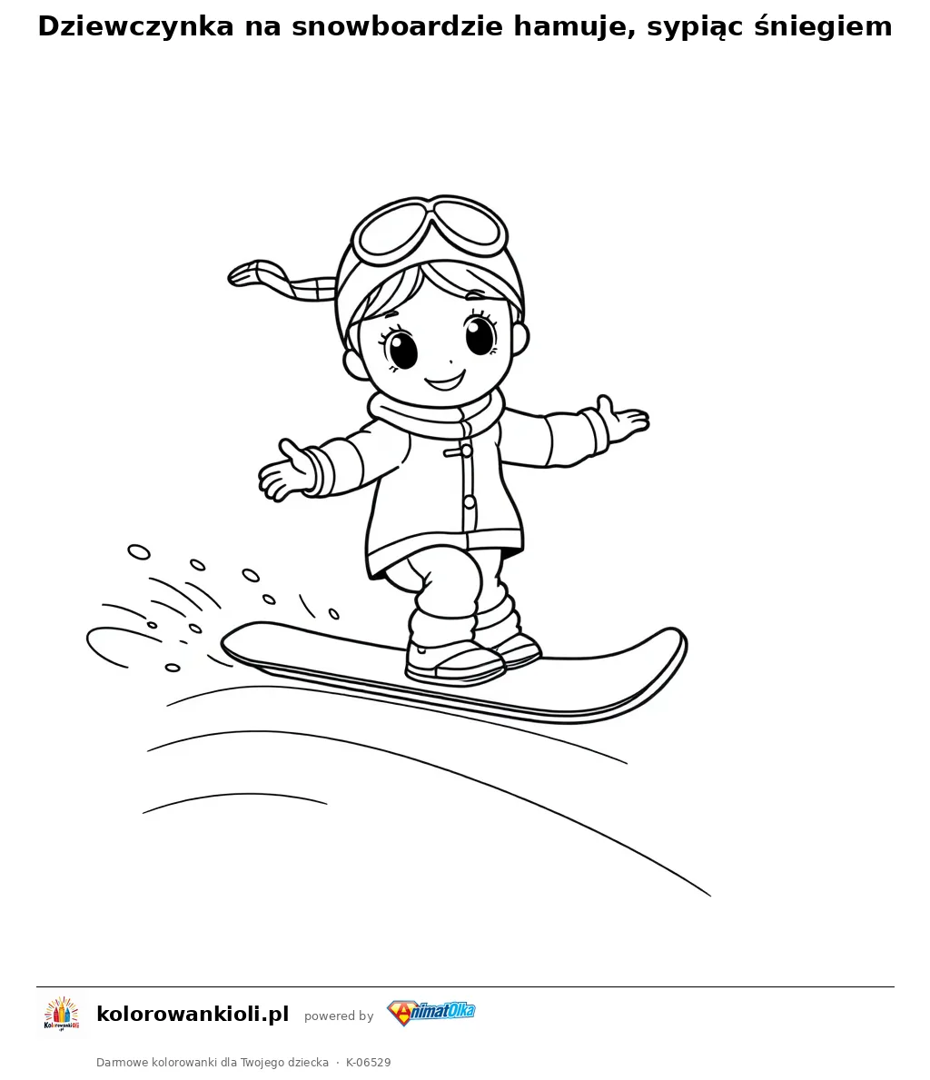 Dziewczynka na snowboardzie hamuje, sypiąc śniegiem — kolorowanka do wydruku dla dzieci