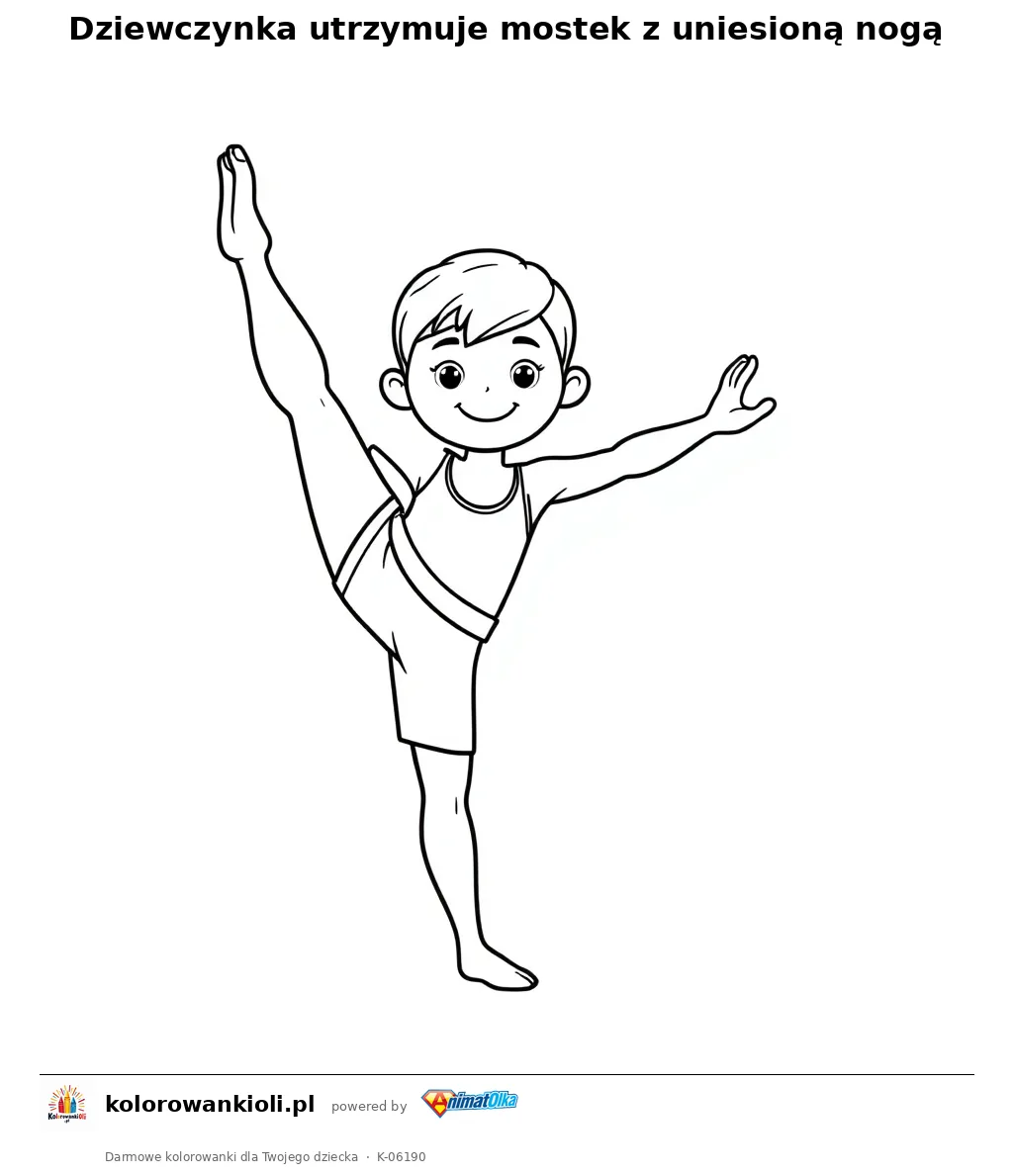 Dziewczynka utrzymuje mostek z uniesioną nogą — kolorowanka do wydruku dla dzieci