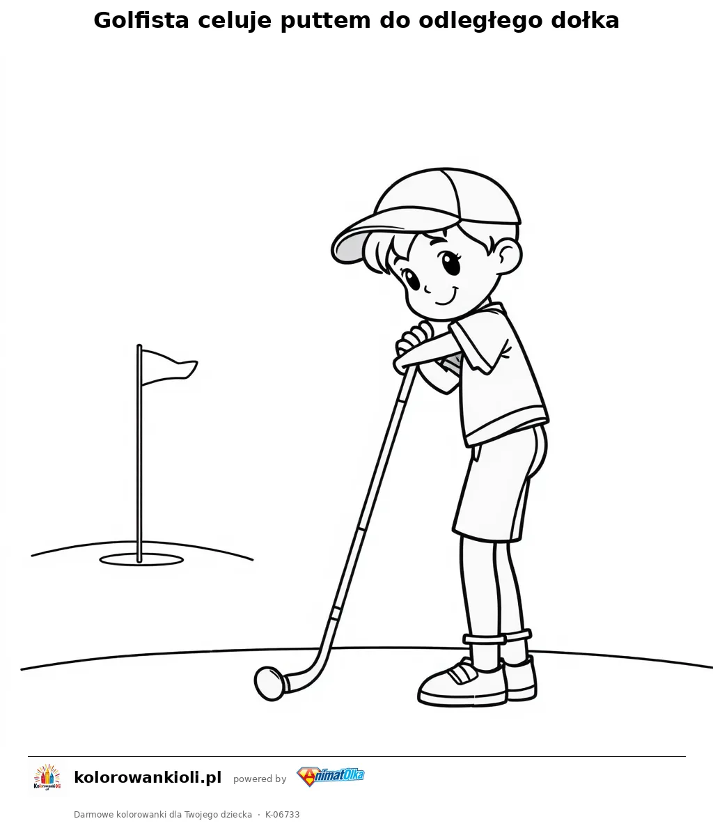Golfista celuje puttem do odległego dołka — kolorowanka do wydruku dla dzieci