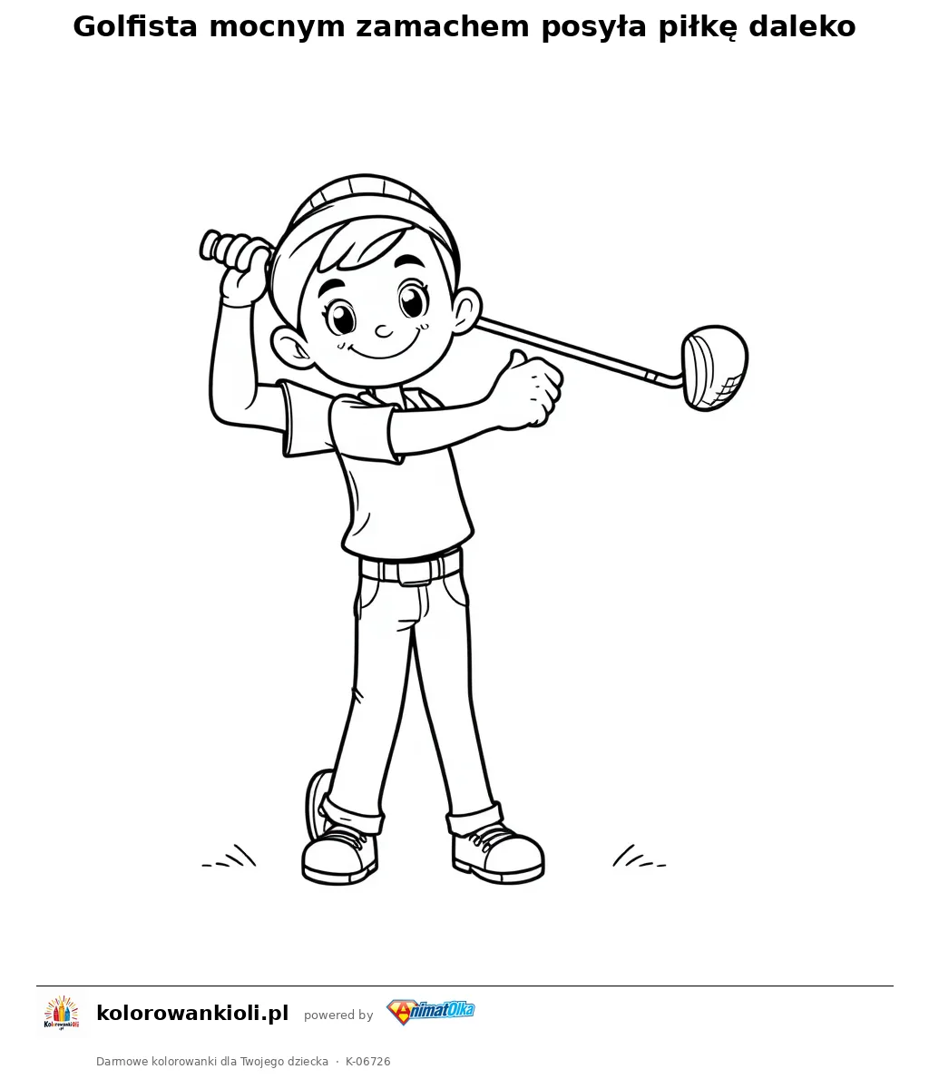 Golfista mocnym zamachem posyła piłkę daleko — kolorowanka do wydruku dla dzieci