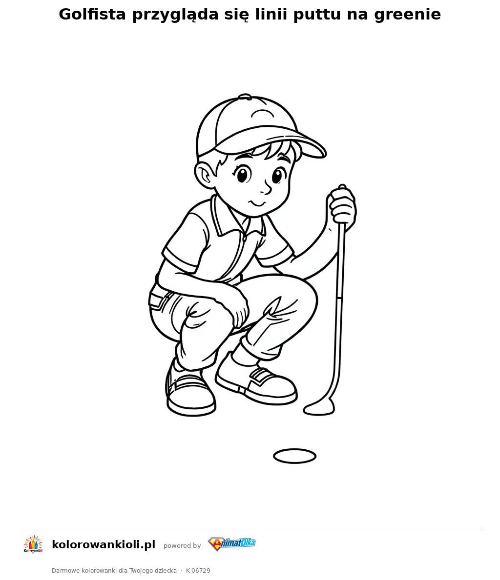 Golfista przygląda się linii puttu na greenie — kolorowanka do wydruku dla dzieci