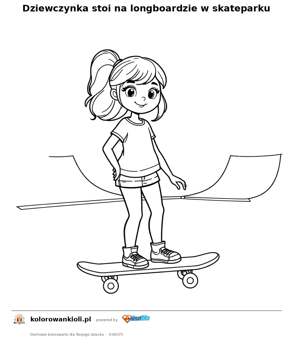 Dziewczynka stoi na longboardzie w skateparku — kolorowanka do wydruku dla dzieci