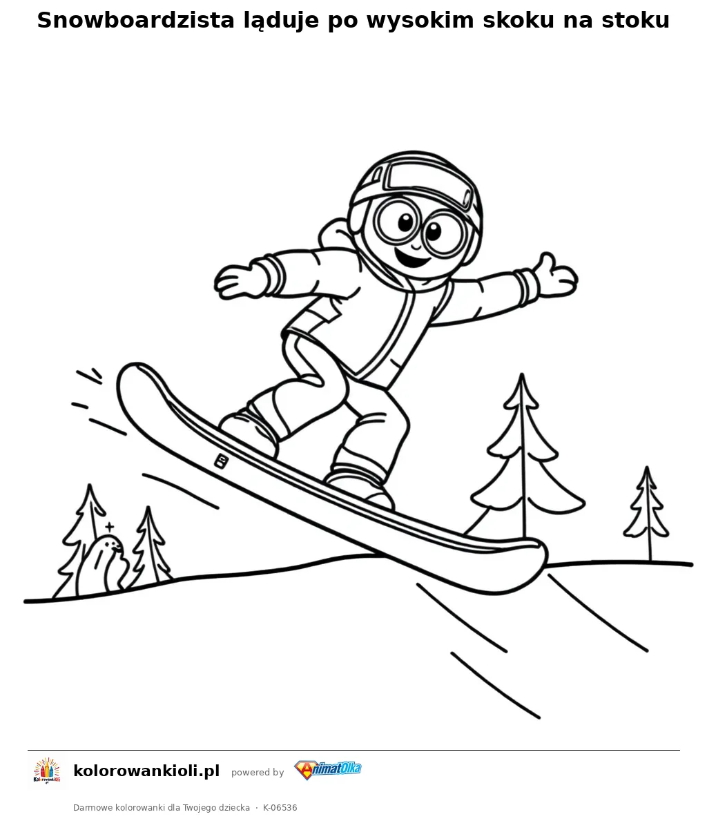 Snowboardzista ląduje po wysokim skoku na stoku — kolorowanka do wydruku dla dzieci