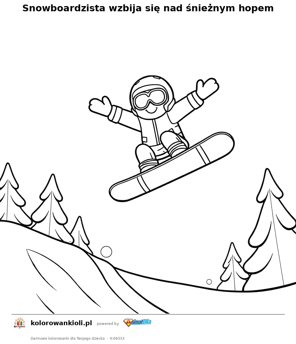 Snowboardzista wzbija się nad śnieżnym hopem — kolorowanka do wydruku dla dzieci