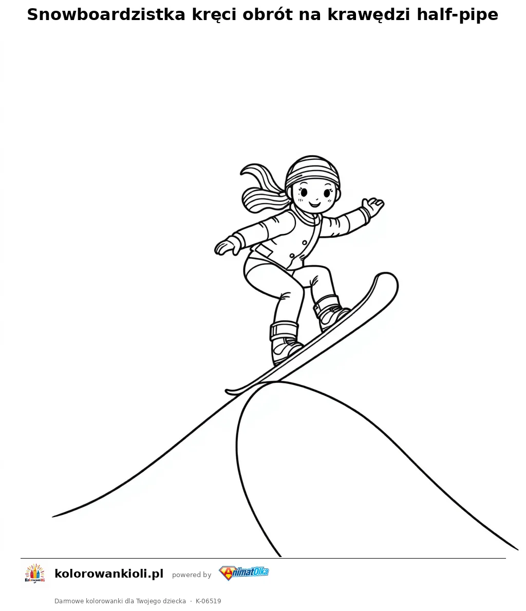 Snowboardzistka kręci obrót na krawędzi half-pipe — kolorowanka do wydruku dla dzieci