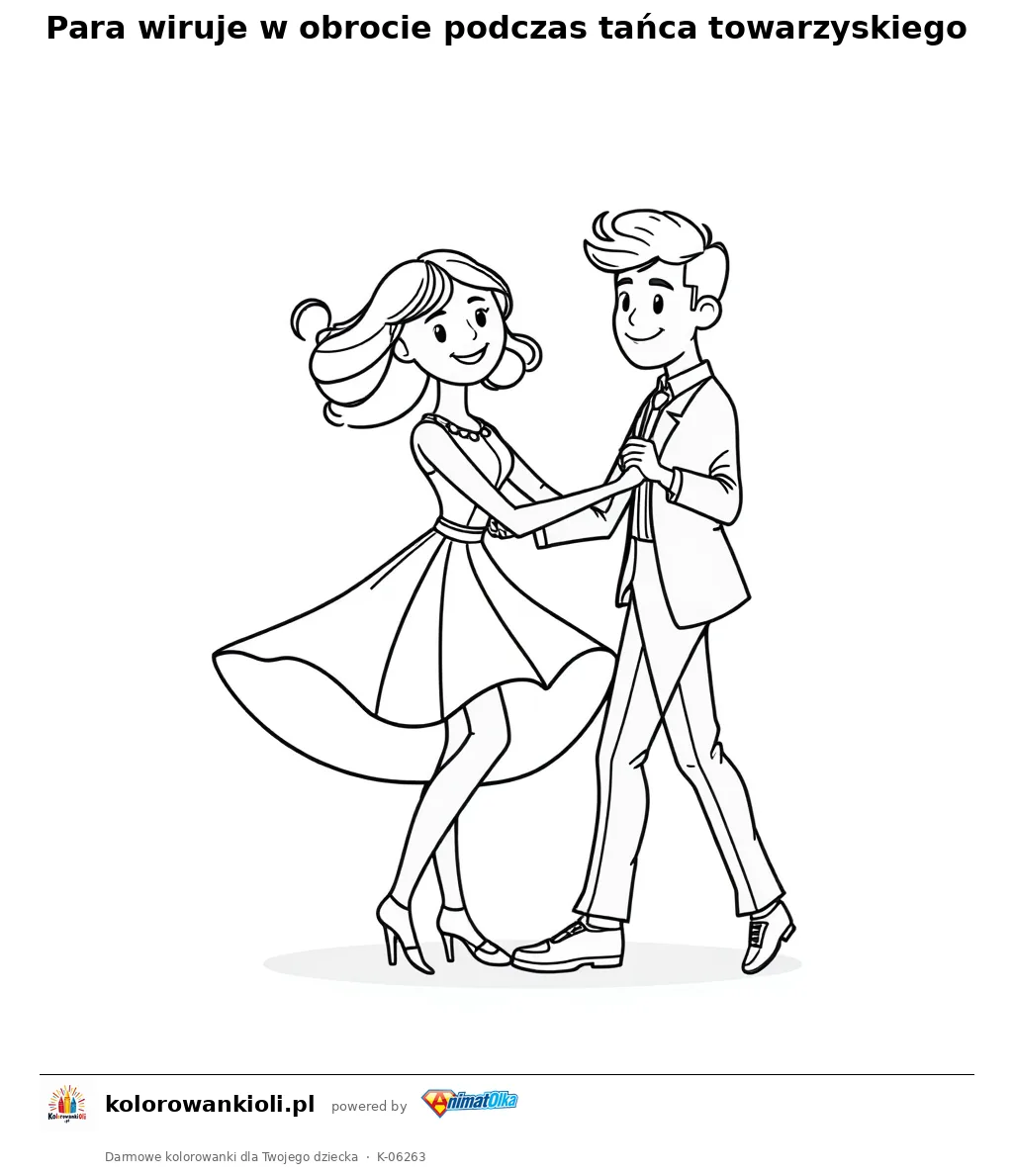 Para wiruje w obrocie podczas tańca towarzyskiego — kolorowanka do wydruku dla dzieci