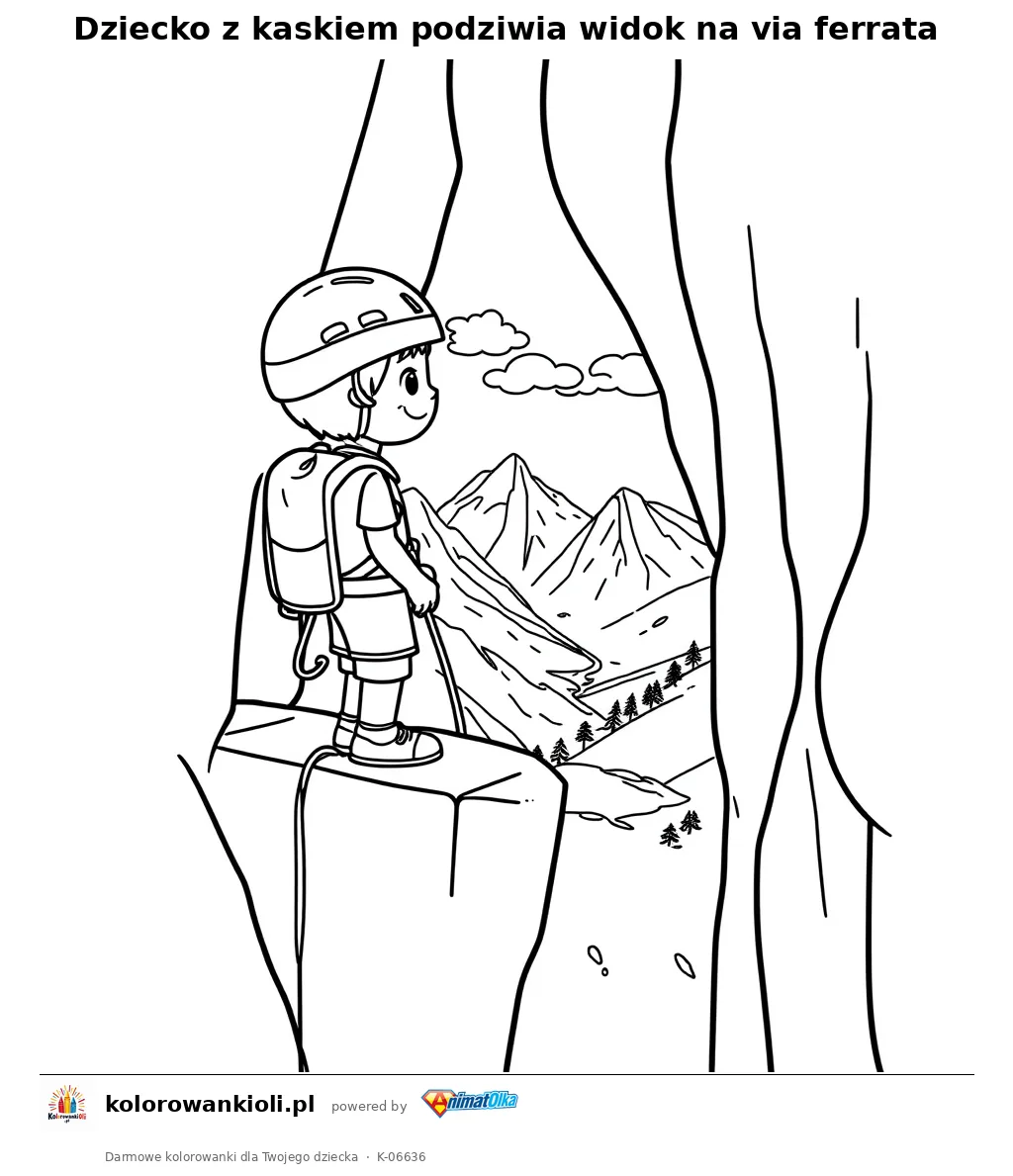 Dziecko z kaskiem podziwia widok na via ferrata — kolorowanka do wydruku dla dzieci