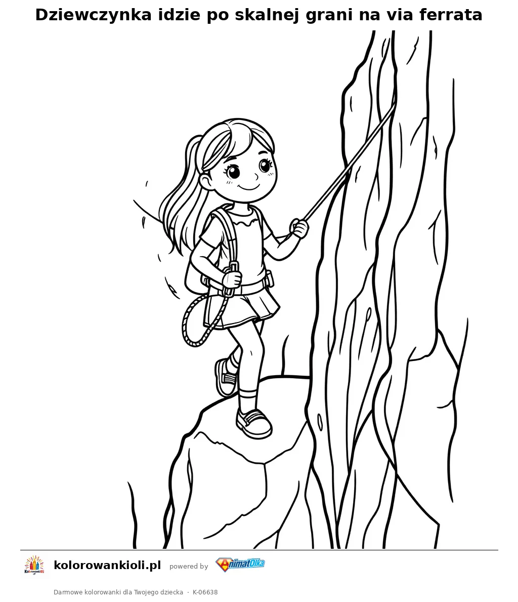 Dziewczynka idzie po skalnej grani na via ferrata — kolorowanka do wydruku dla dzieci