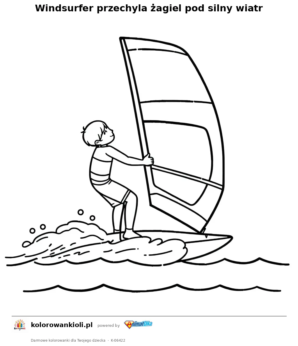 Windsurfer przechyla żagiel pod silny wiatr — kolorowanka do wydruku dla dzieci