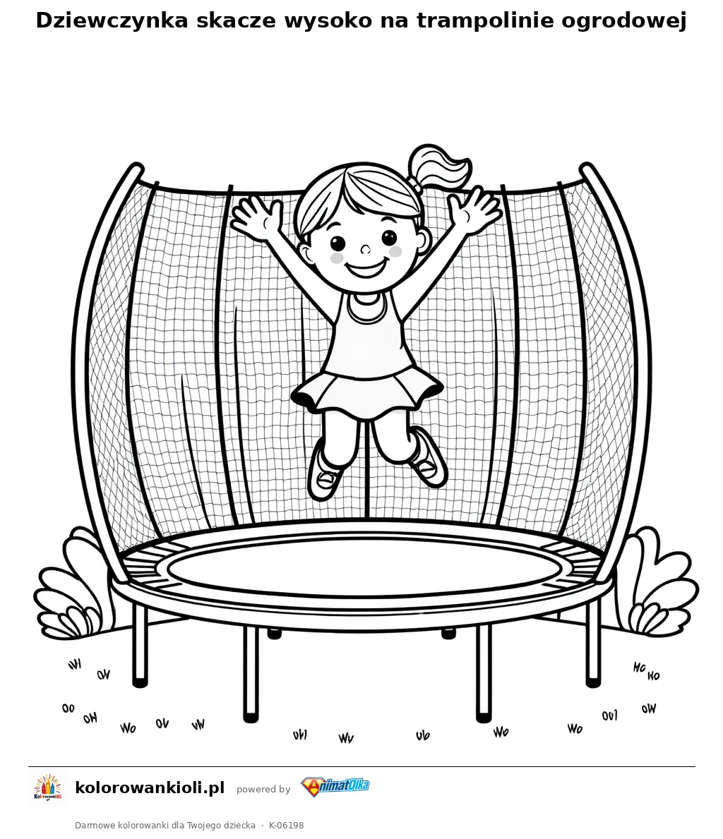 Dziewczynka skacze wysoko na trampolinie ogrodowej — kolorowanka do wydruku dla dzieci
