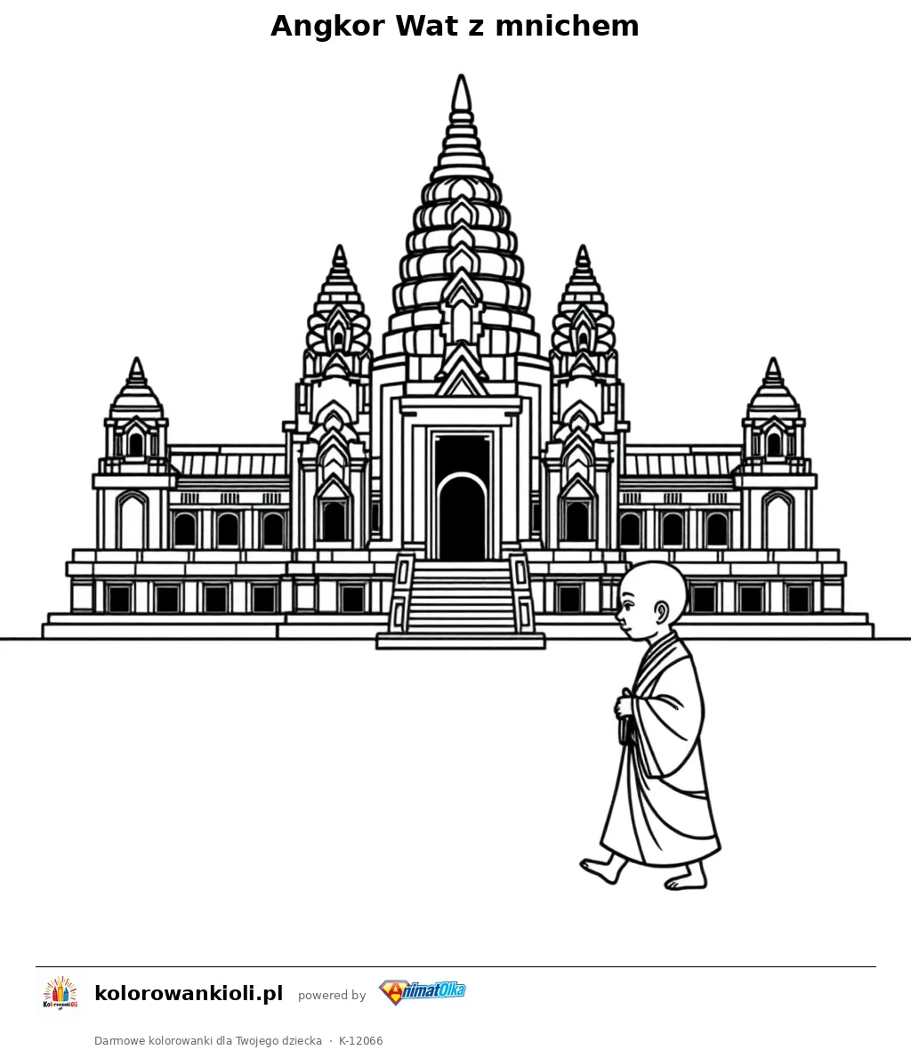Angkor Wat z mnichem — kolorowanka do wydruku dla dzieci