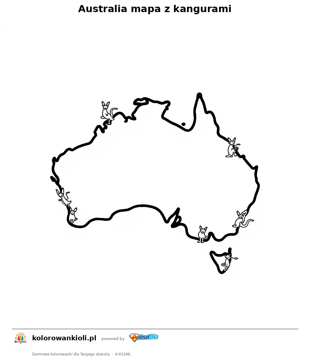 Australia mapa z kangurami — kolorowanka do wydruku dla dzieci