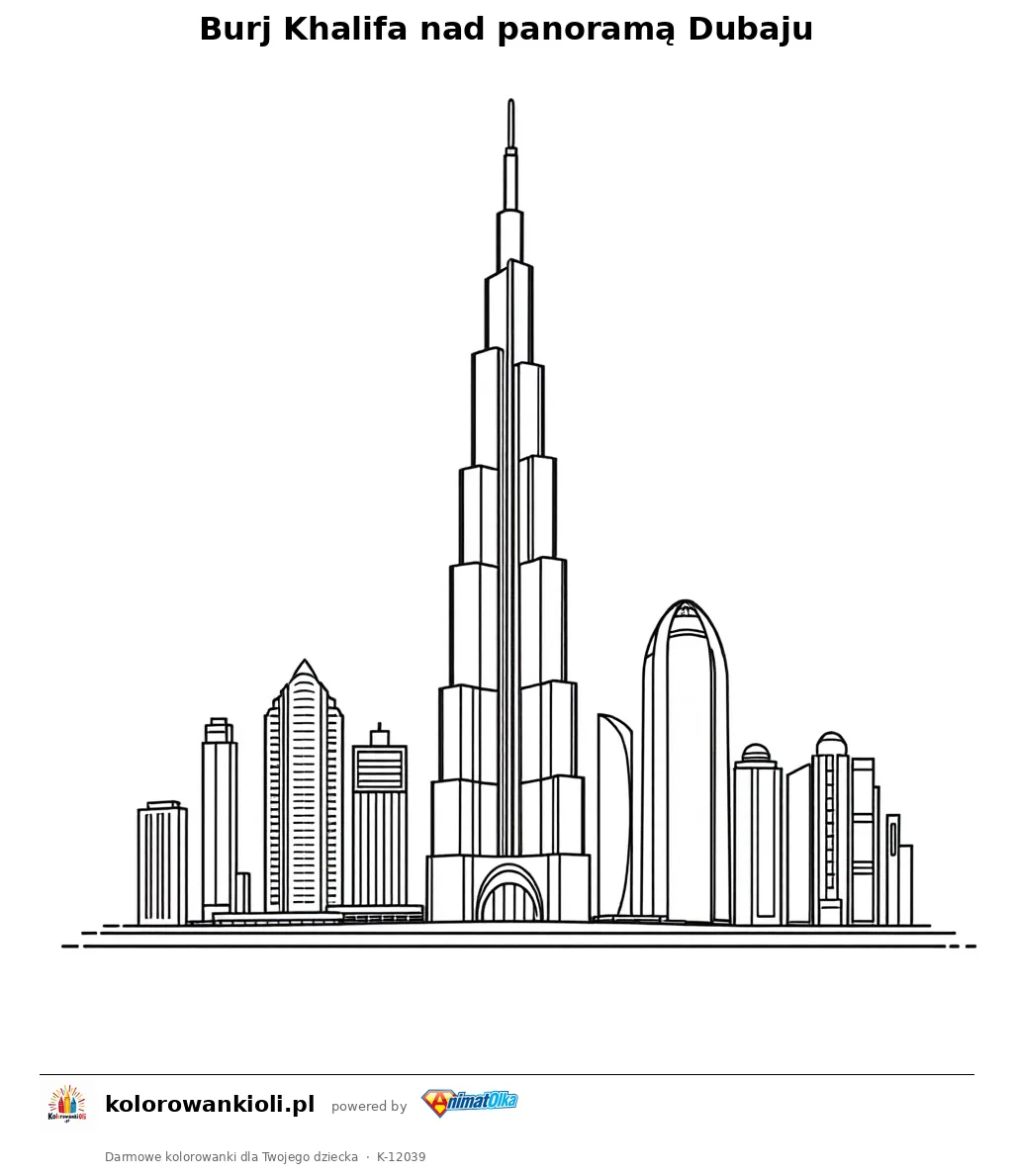 Burj Khalifa nad panorama Dubaju — kolorowanka do wydruku dla dzieci