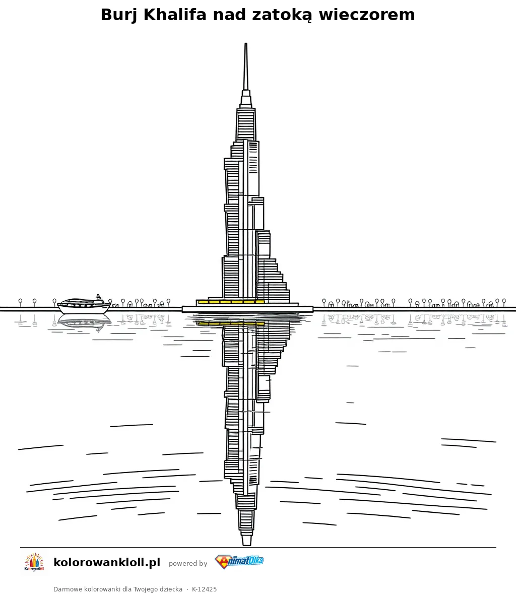 Burj Khalifa nad zatoką wieczorem — kolorowanka do wydruku dla dzieci
