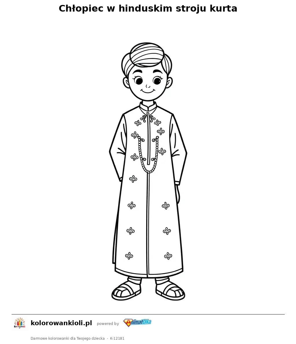 Chlopiec w hinduskim stroju kurta — kolorowanka do wydruku dla dzieci
