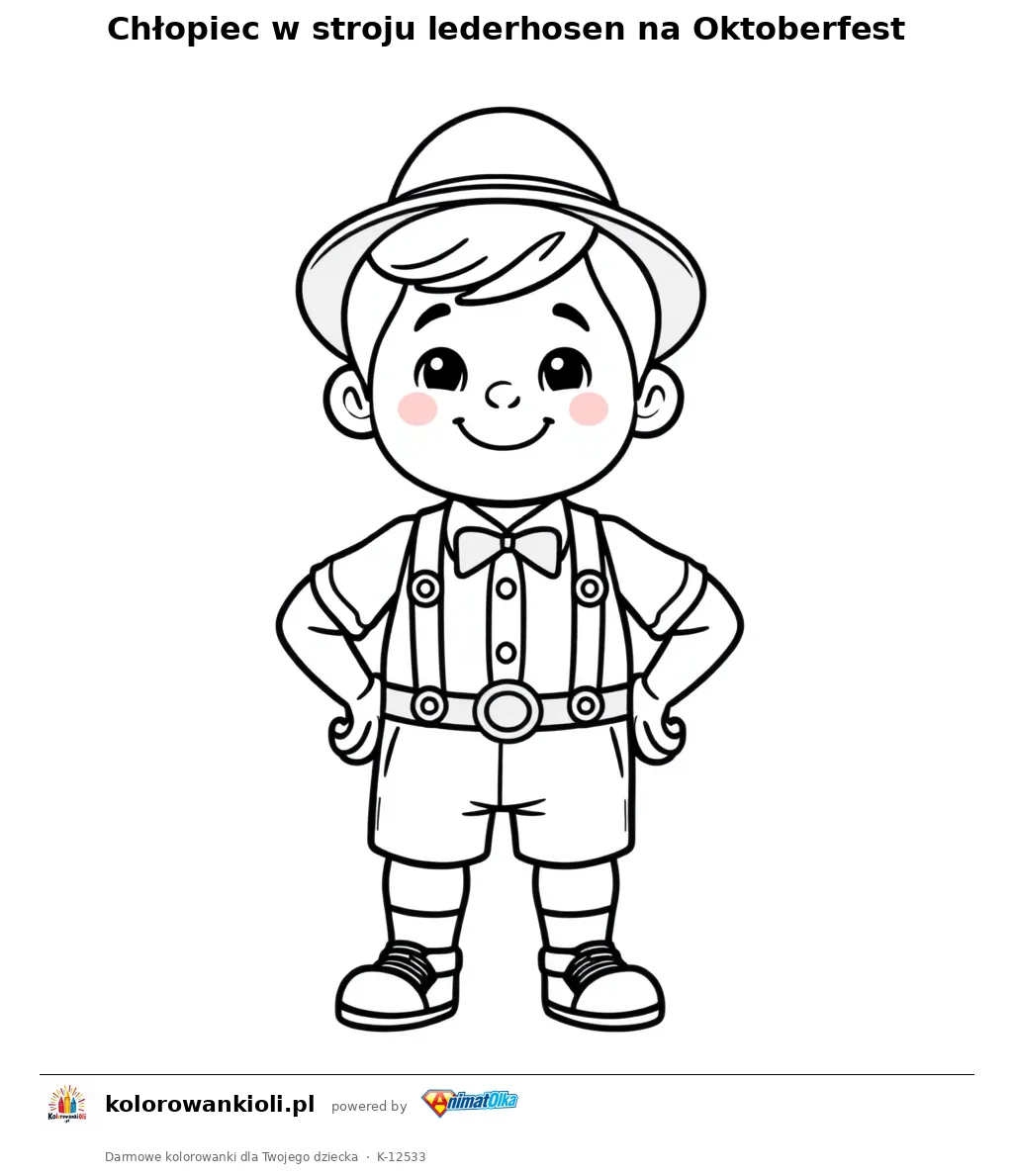 Chlopiec w stroju lederhosen na Oktoberfest — kolorowanka do wydruku dla dzieci