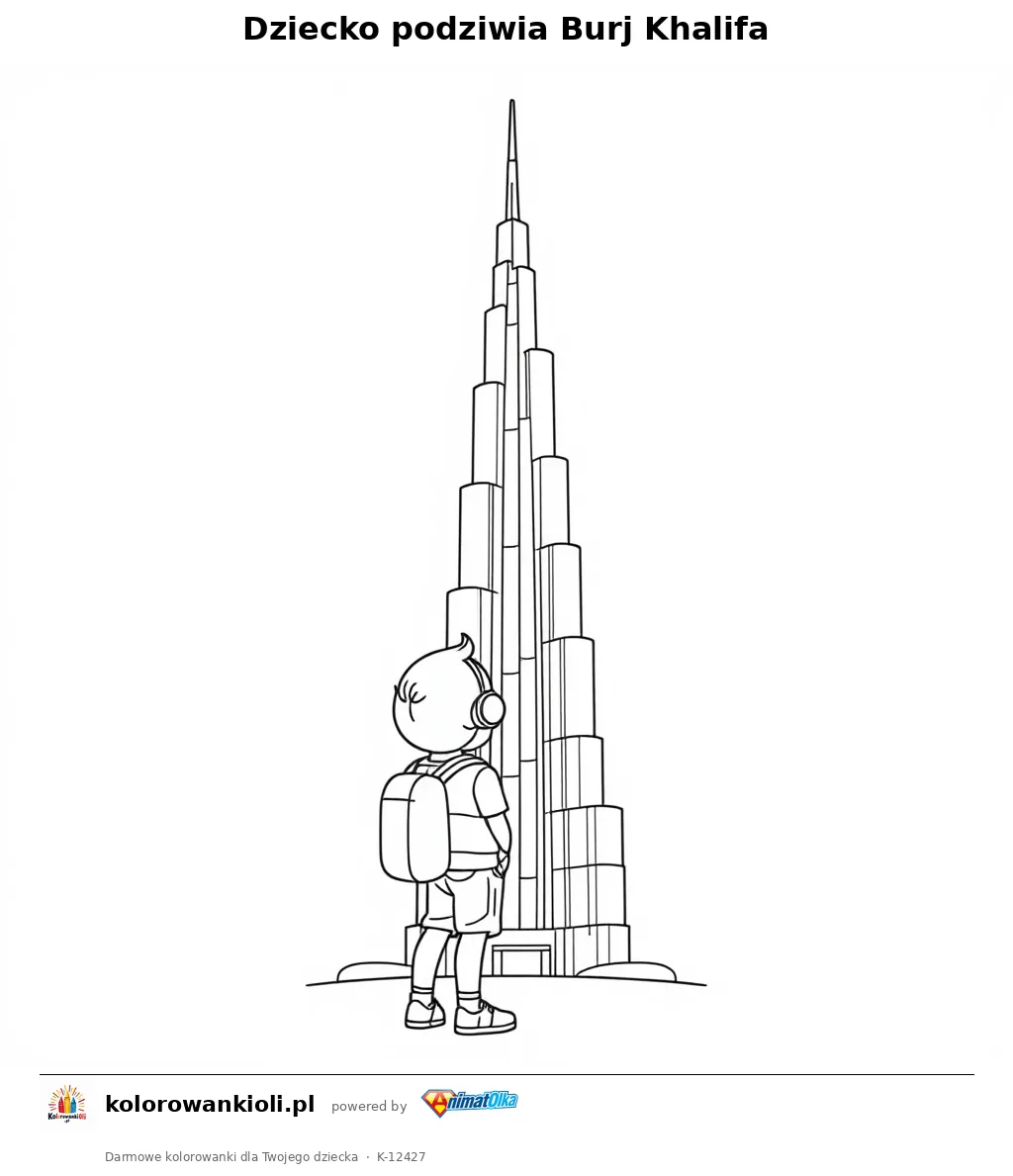 Dziecko podziwia Burj Khalifa — kolorowanka do wydruku dla dzieci