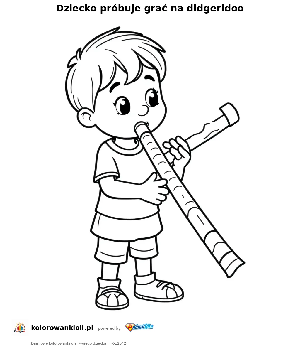 Dziecko probuje grac na didgeridoo — kolorowanka do wydruku dla dzieci