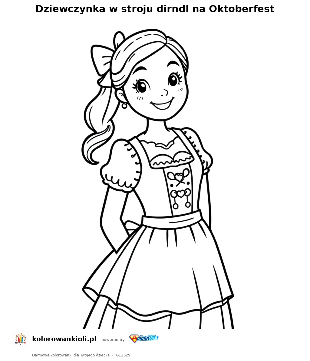 Dziewczynka w stroju dirndl na Oktoberfest — kolorowanka do wydruku dla dzieci