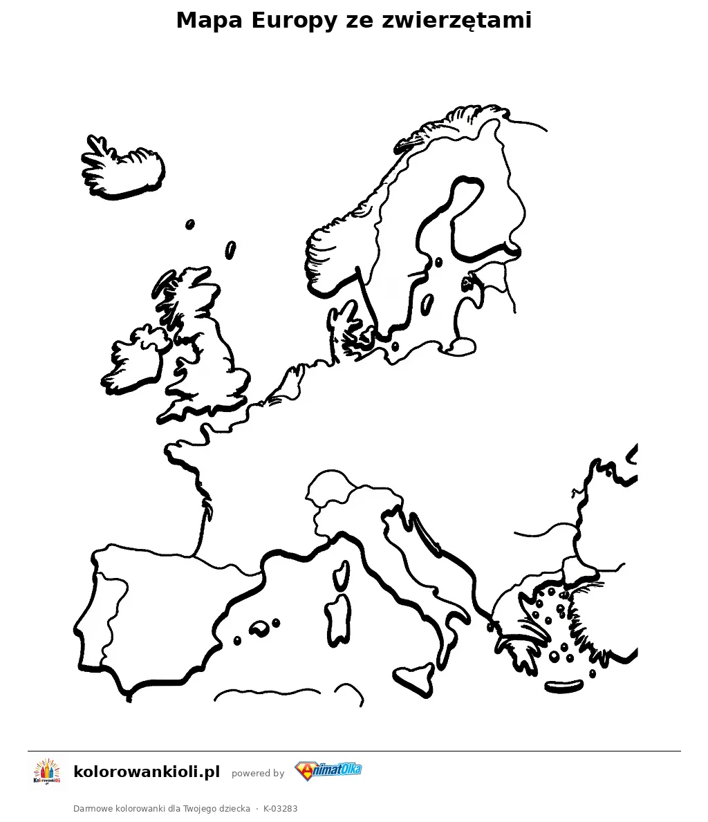 Mapa Europy ze zwierzętami — kolorowanka do wydruku dla dzieci