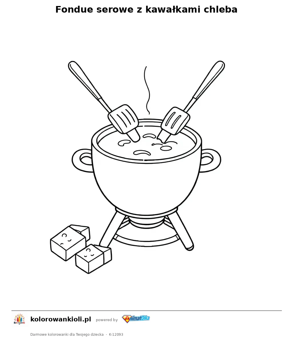 Fondue serowe z kawalkami chleba — kolorowanka do wydruku dla dzieci