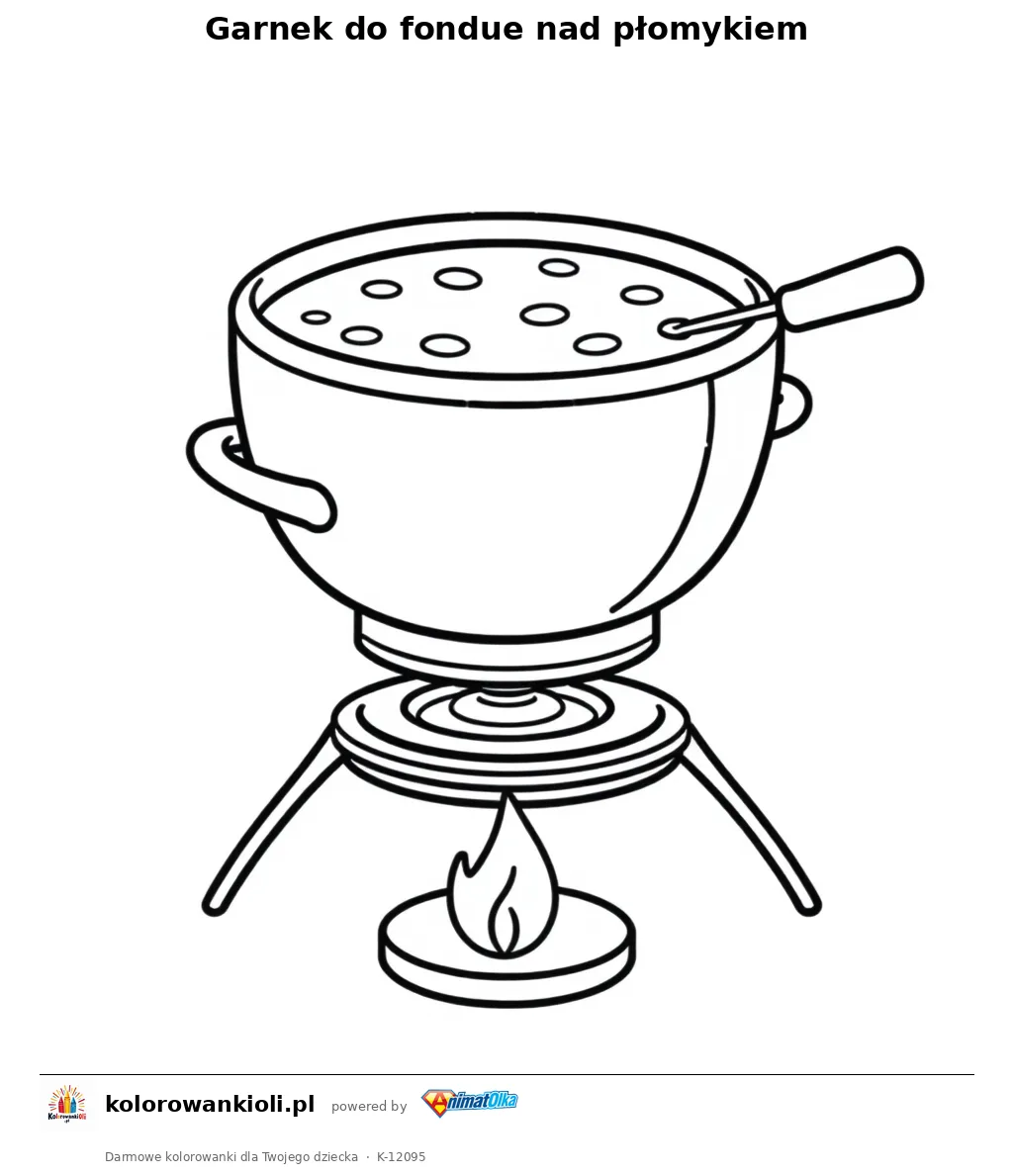 Garnek do fondue nad plomykiem — kolorowanka do wydruku dla dzieci