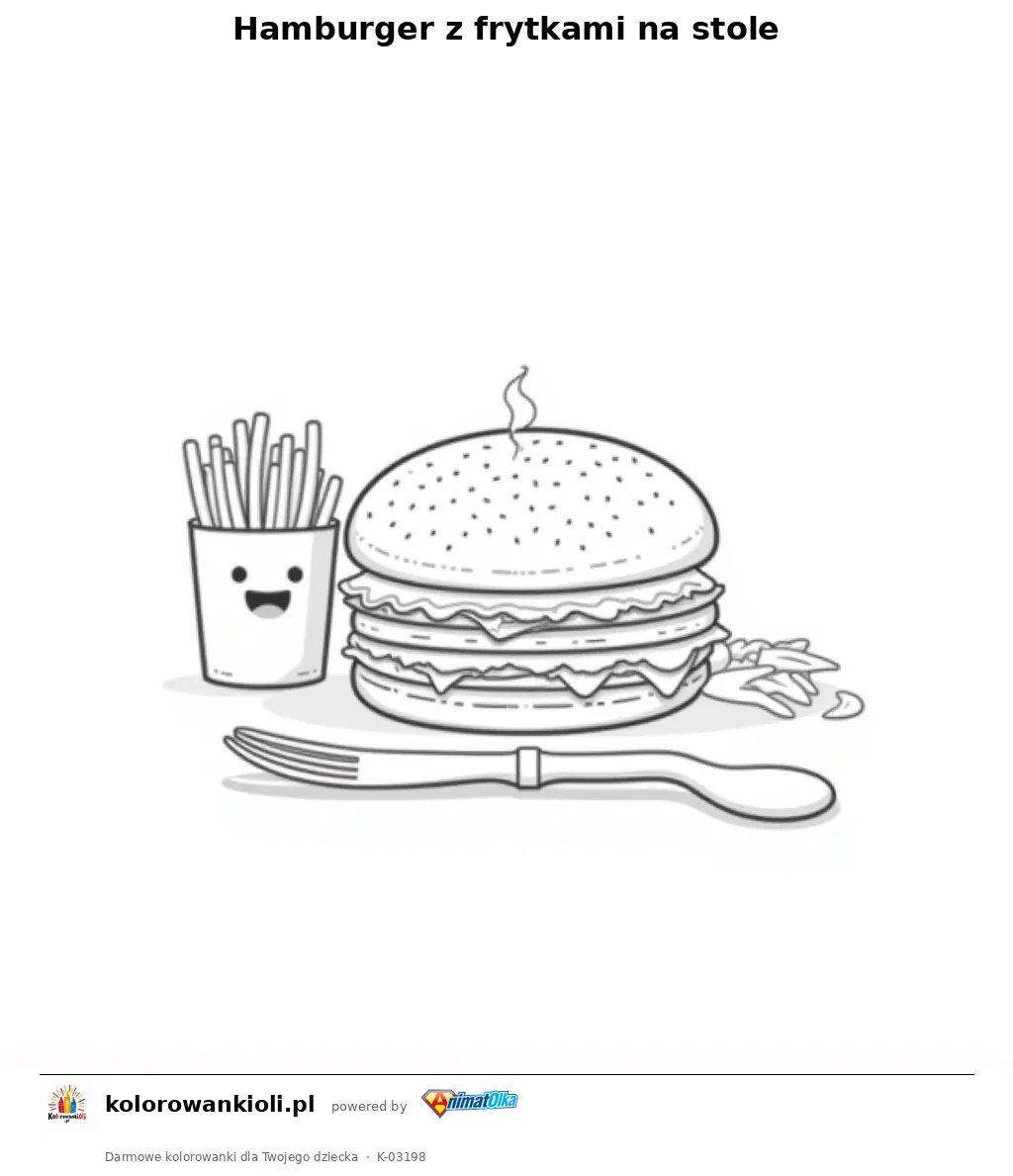 Hamburger z frytkami na stole — kolorowanka do wydruku dla dzieci