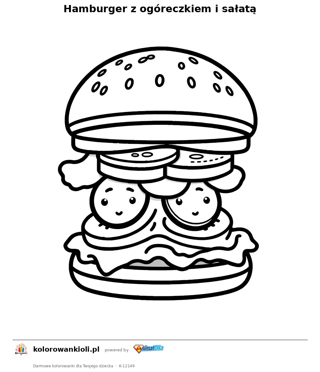 Hamburger z ogoreczkiem i salata — kolorowanka do wydruku dla dzieci