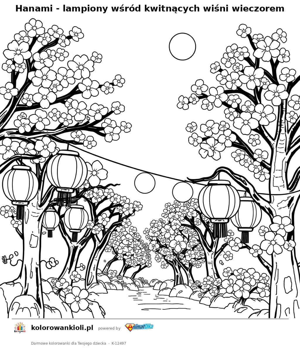 Hanami - lampiony wsrod kwitnacych wisni wieczorem — kolorowanka do wydruku dla dzieci