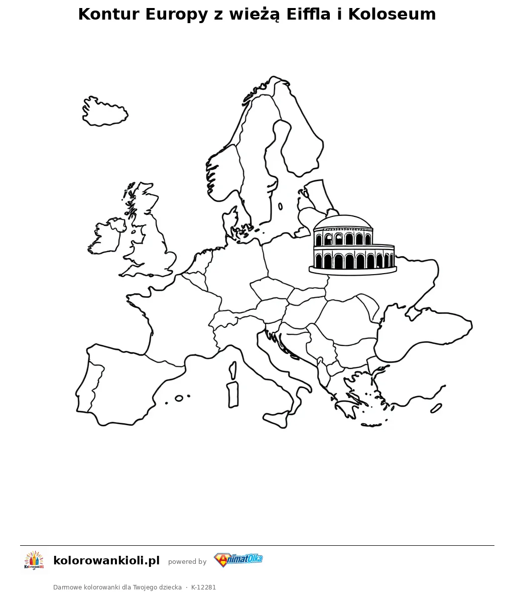 Kontur Europy z wieżą Eiffla i Koloseum — kolorowanka do wydruku dla dzieci