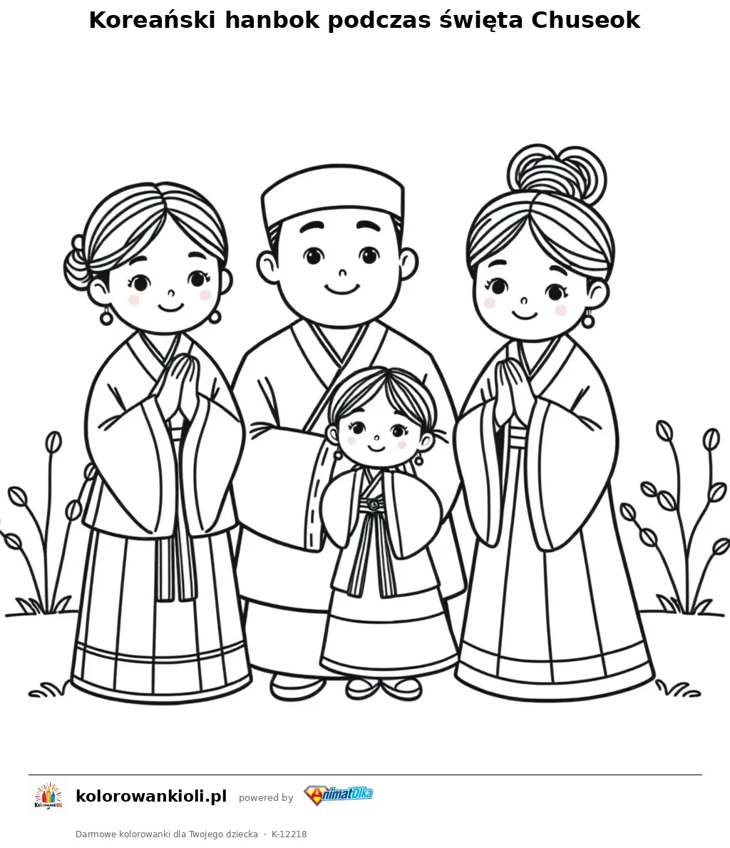 Koreański hanbok podczas święta Chuseok — kolorowanka do wydruku dla dzieci