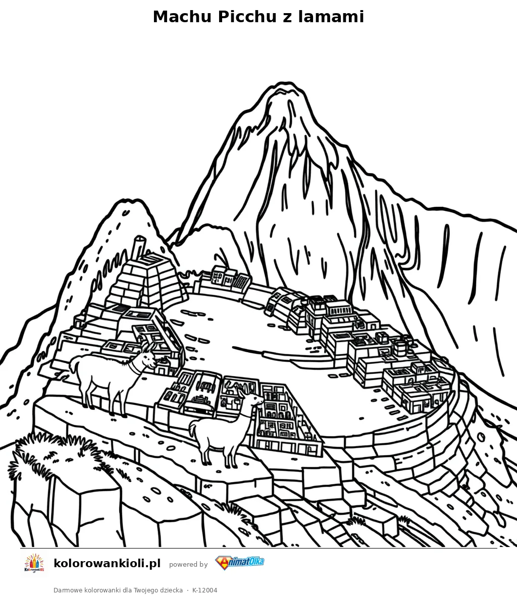 Machu Picchu z lamami — kolorowanka do wydruku dla dzieci