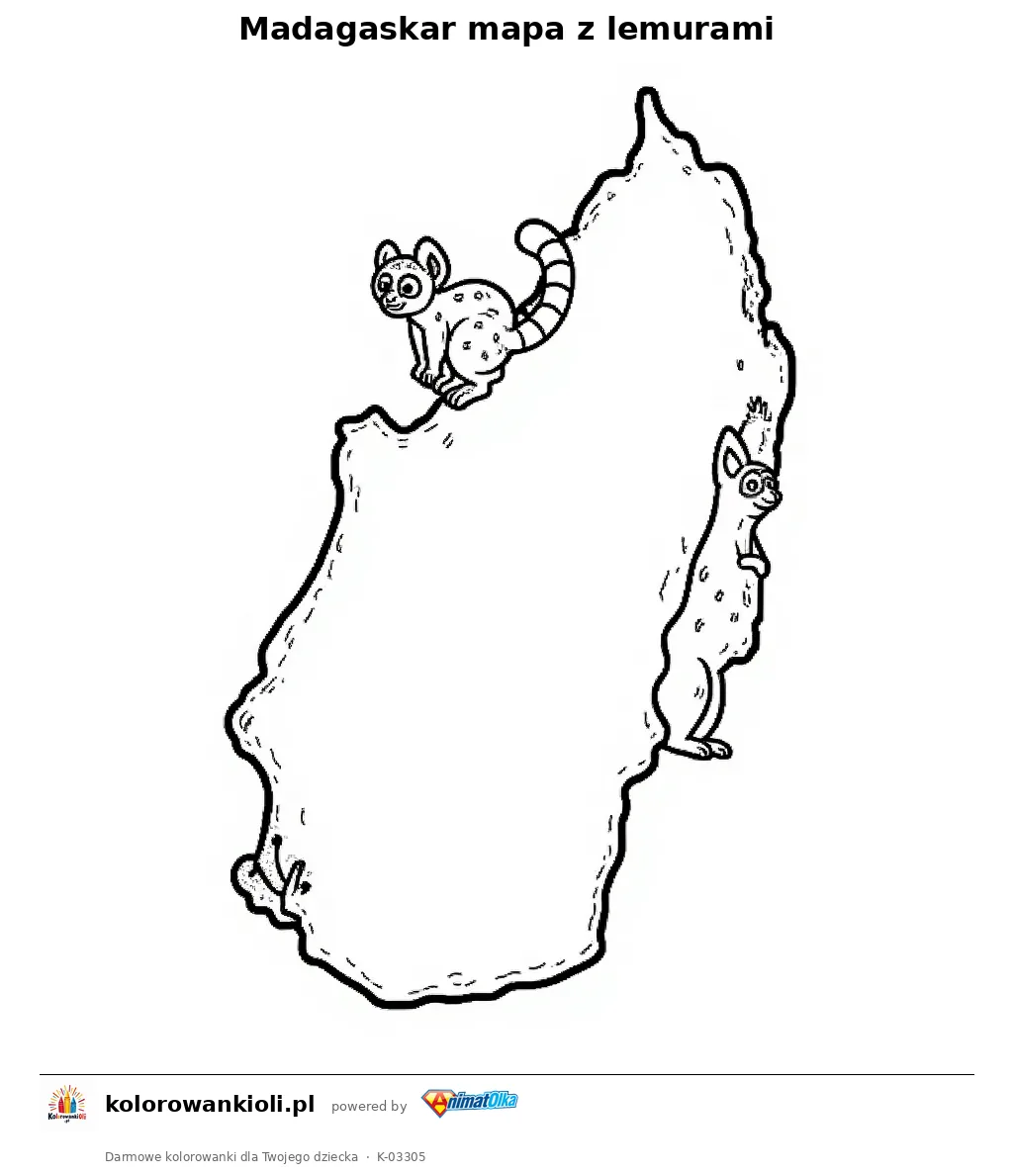 Madagaskar mapa z lemurami — kolorowanka do wydruku dla dzieci